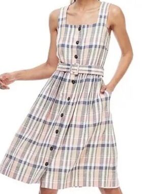 GAL MEETS GLAM PEYTON PLAID BELTED LINEN MIDI DRESS SIZE 8